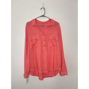 Falls Creek Linen Blend Tunic Top XL Coral Roll Tab Sleeve Beach Resort Cruise